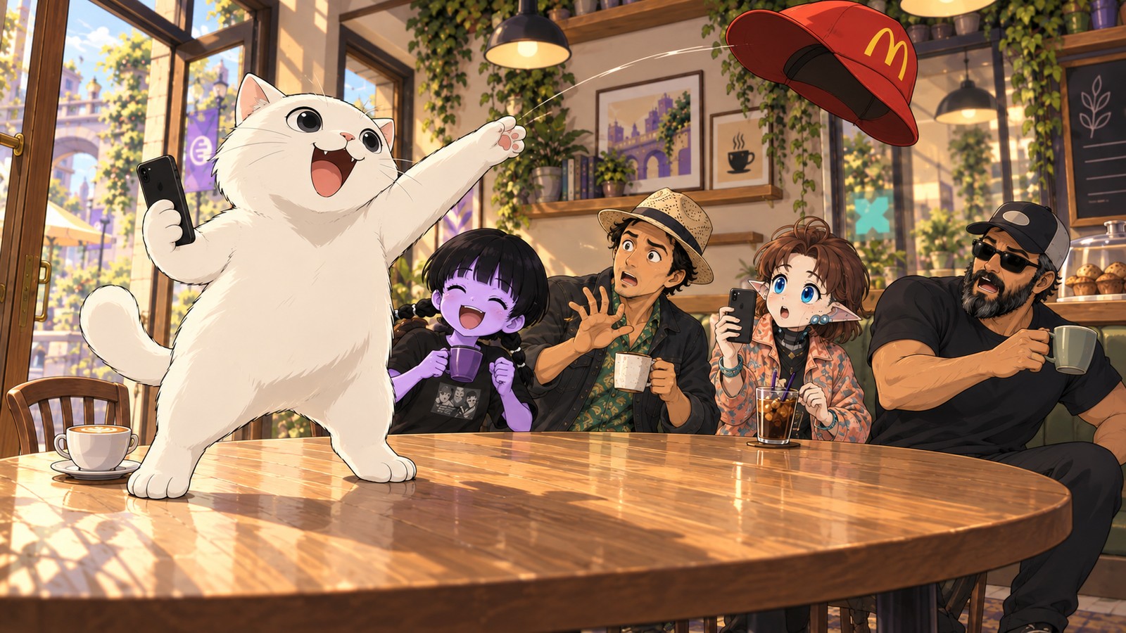 Snatch throws his work cap into the air while Sergio, Val, matt and Toly watch at the café